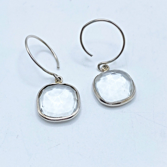 Sterling Silver Clear Faceted Glass Dangle Drop Pierced Earrings Bezel Set 1.25" - Picture 5 of 8